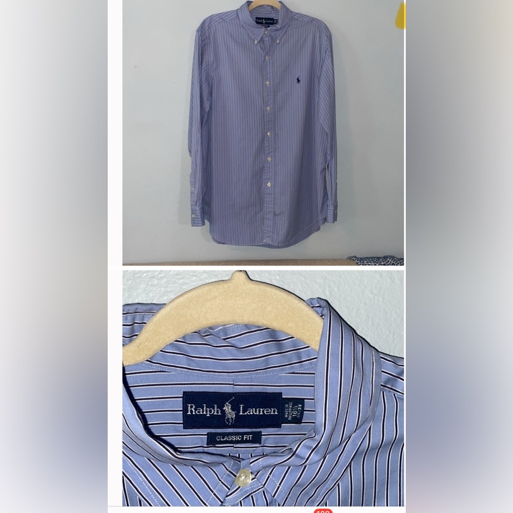Ralph Lauren Dress Shirt Mens Size 16.5 Blue Stripes Long Sleeve Button Down